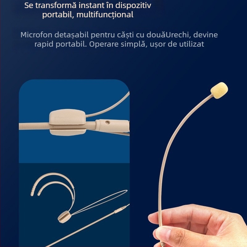 Sistem de microfon headset fără fir cu receptor, microfon omnidirecțional, interval de frecvențe 100 Hz–20 kHz, SNR ≥75 dB, putere nominală 20 mW, tensiune de funcționare 1–9 V