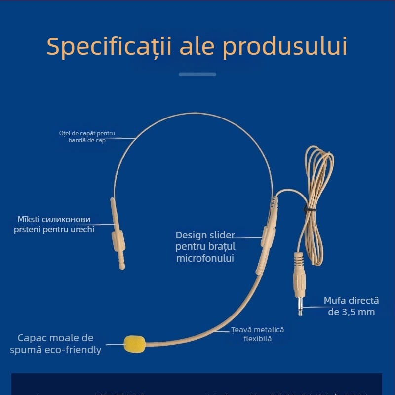 Sistem de microfon headset fără fir cu receptor, microfon omnidirecțional, interval de frecvențe 100 Hz–20 kHz, SNR ≥75 dB, putere nominală 20 mW, tensiune de funcționare 1–9 V