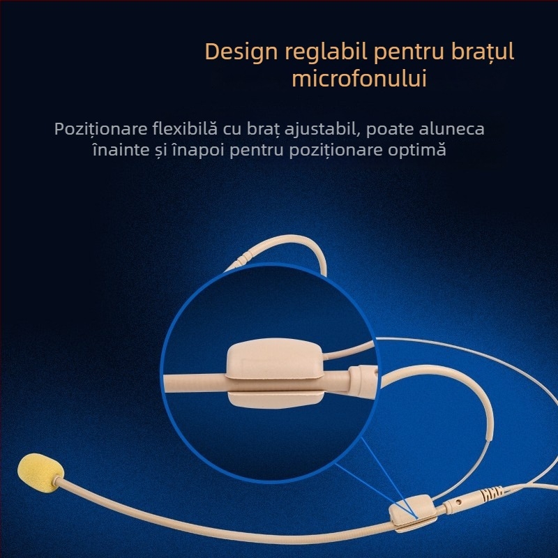 Sistem de microfon headset fără fir cu receptor, microfon omnidirecțional, interval de frecvențe 100 Hz–20 kHz, SNR ≥75 dB, putere nominală 20 mW, tensiune de funcționare 1–9 V