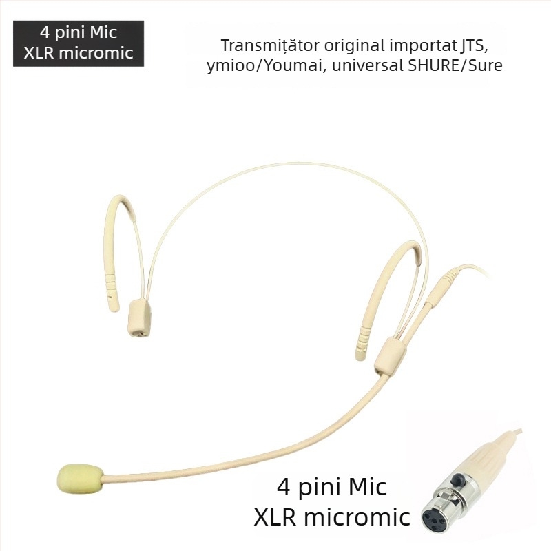 Sistem de microfon headset fără fir cu receptor, microfon omnidirecțional, interval de frecvențe 100 Hz–20 kHz, SNR ≥75 dB, putere nominală 20 mW, tensiune de funcționare 1–9 V