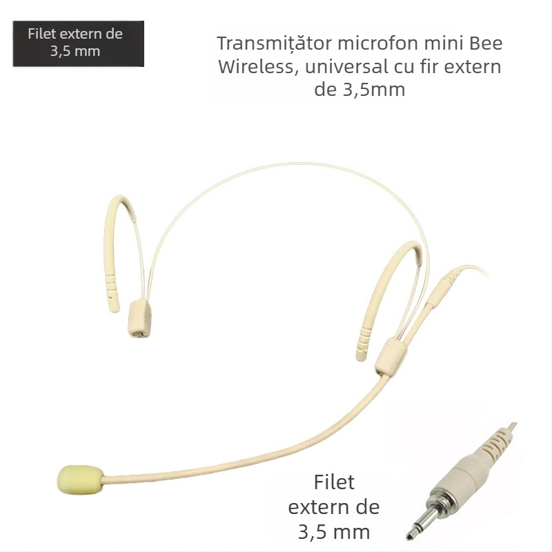 Sistem de microfon headset fără fir cu receptor, microfon omnidirecțional, interval de frecvențe 100 Hz–20 kHz, SNR ≥75 dB, putere nominală 20 mW, tensiune de funcționare 1–9 V