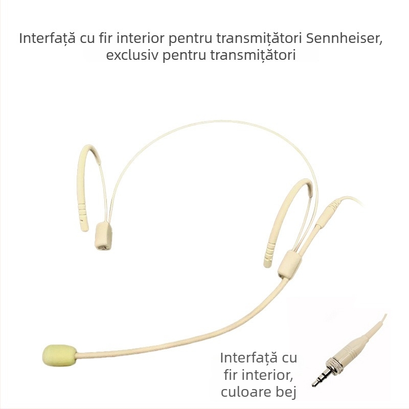 Sistem de microfon headset fără fir cu receptor, microfon omnidirecțional, interval de frecvențe 100 Hz–20 kHz, SNR ≥75 dB, putere nominală 20 mW, tensiune de funcționare 1–9 V