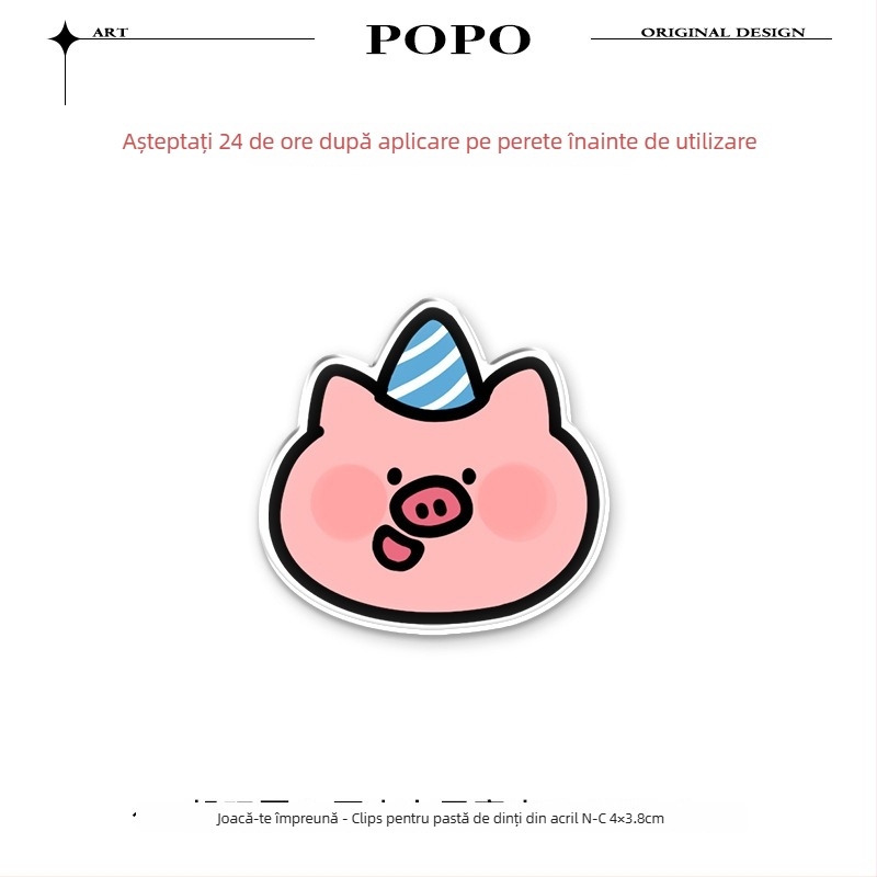 Suport pentru pastă de dinți Happy Little Pig, montaj pe perete fără găuri, clips pentru pastă și raft de depozitare pentru baie