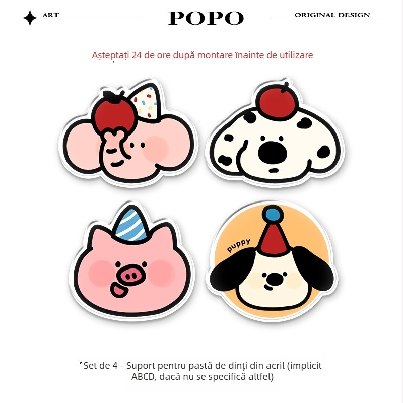 Suport pentru pastă de dinți Happy Little Pig, montaj pe perete fără găuri, clips pentru pastă și raft de depozitare pentru baie