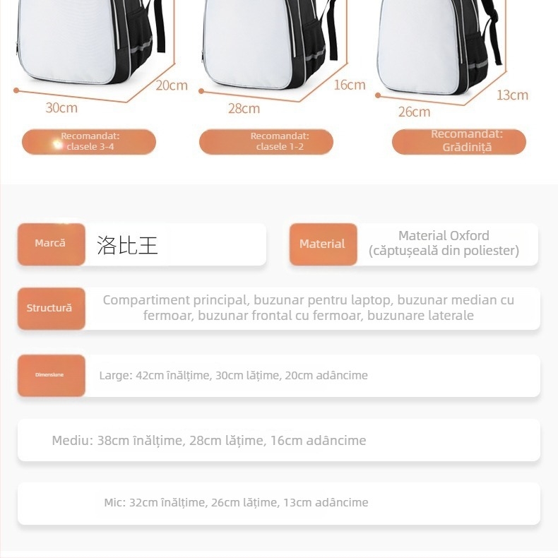 Rucsac școlar pentru elevi din învățământul primar și gimnazial, cu elemente reflectorizante, respirabil, impermeabil, rezistent la uzură, anti-furt