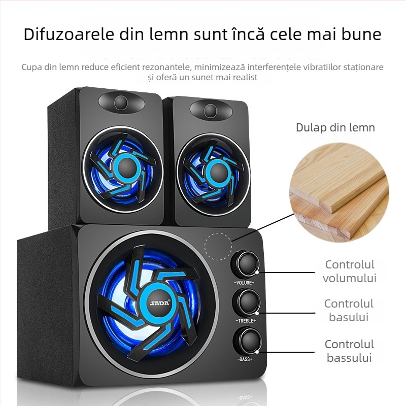 Boxe pentru calculator 2.1 canale, 3W putere, intrare 3,5 mm, Bluetooth 2.1, carcasă din lemn