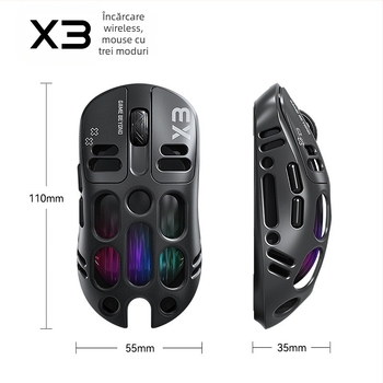 Mouse de gaming Thunder Wolf X3 — trei moduri de conectare (2.4G + Bluetooth), ergonomic, DPI 12000, 6 butoane