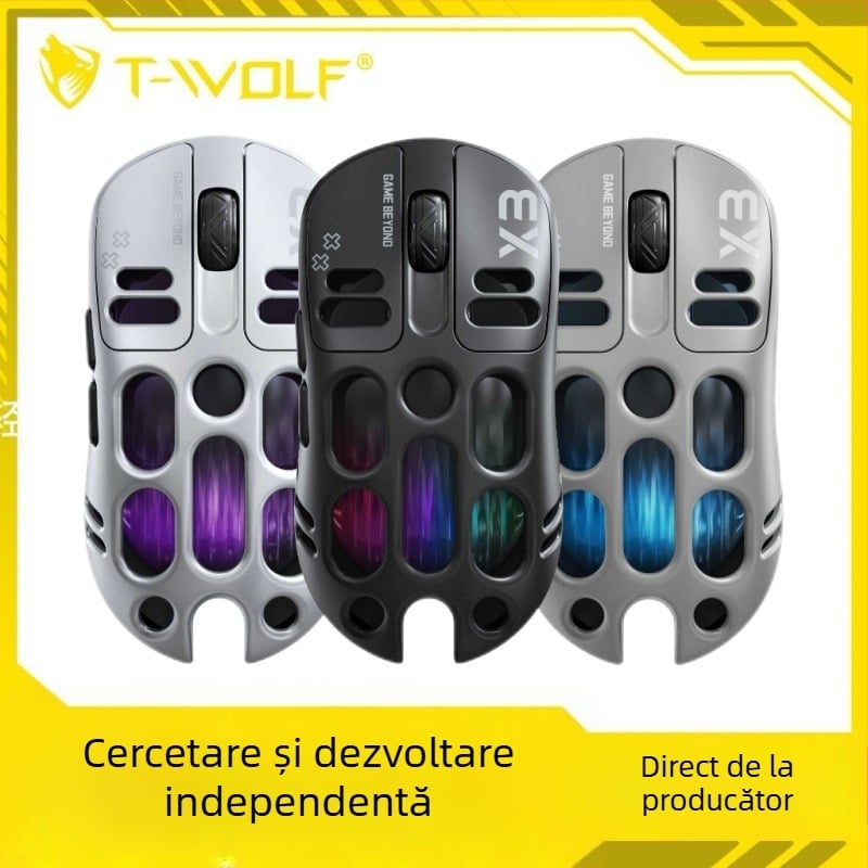 Mouse de gaming Thunder Wolf X3 — trei moduri de conectare (2.4G + Bluetooth), ergonomic, DPI 12000, 6 butoane