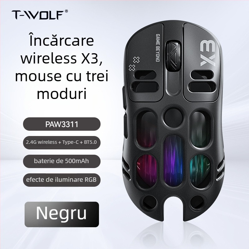 Mouse de gaming Thunder Wolf X3 — trei moduri de conectare (2.4G + Bluetooth), ergonomic, DPI 12000, 6 butoane