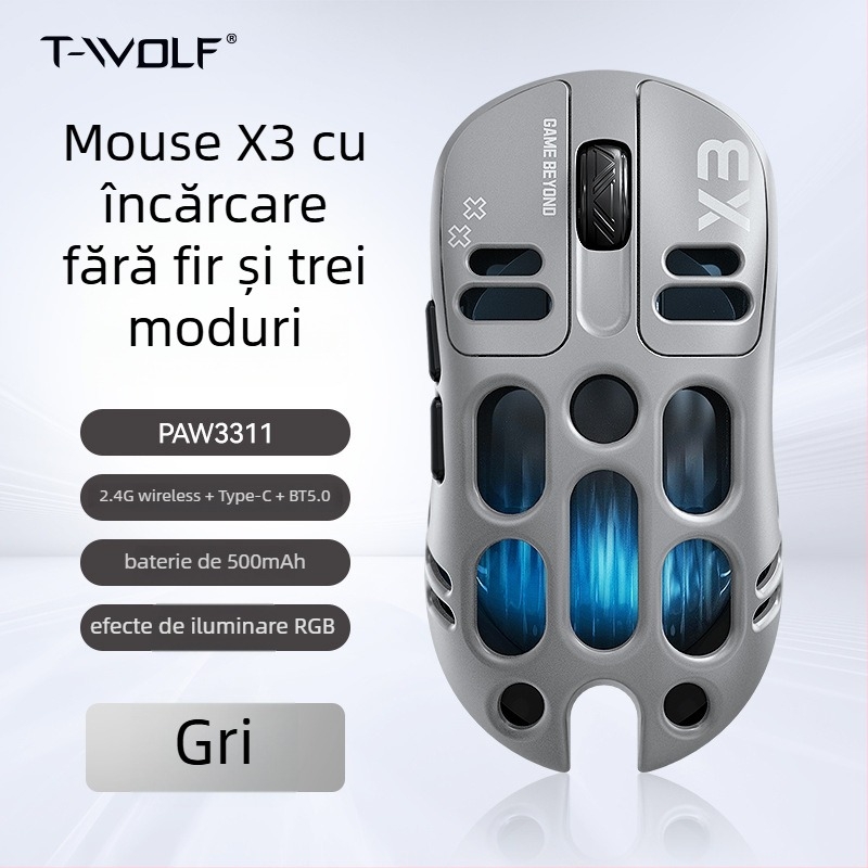 Mouse de gaming Thunder Wolf X3 — trei moduri de conectare (2.4G + Bluetooth), ergonomic, DPI 12000, 6 butoane