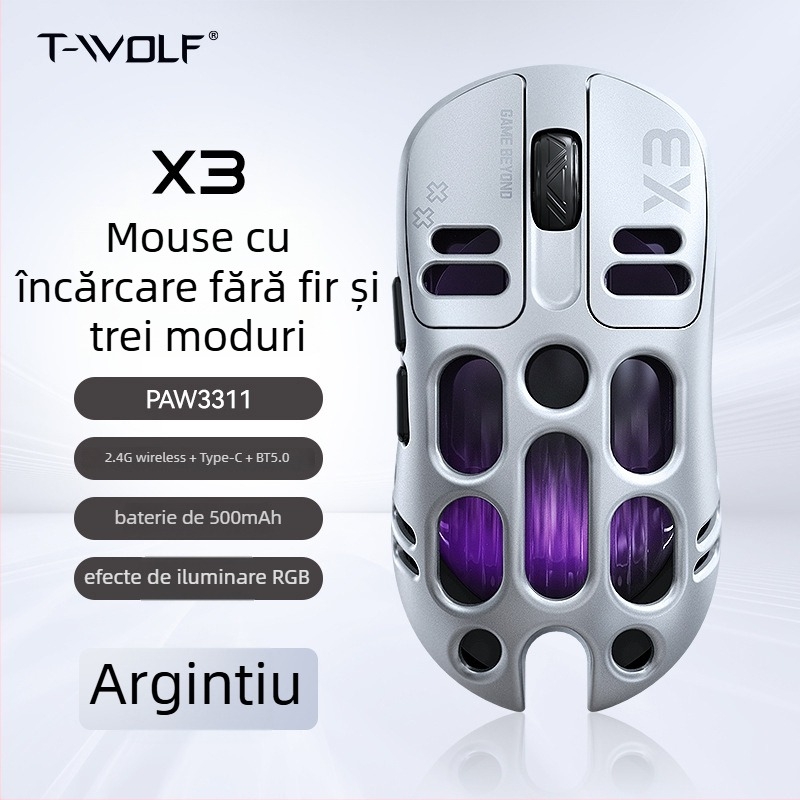 Mouse de gaming Thunder Wolf X3 — trei moduri de conectare (2.4G + Bluetooth), ergonomic, DPI 12000, 6 butoane