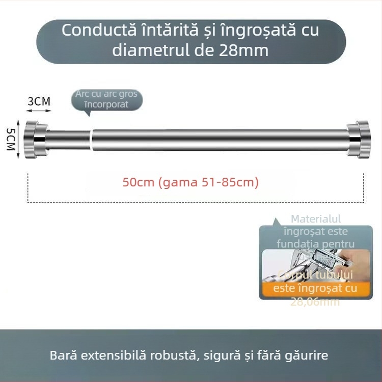 Bară retractabilă de uscat haine din oțel inoxidabil — montaj fără găuri, pentru balcon și baie, bară de perdea