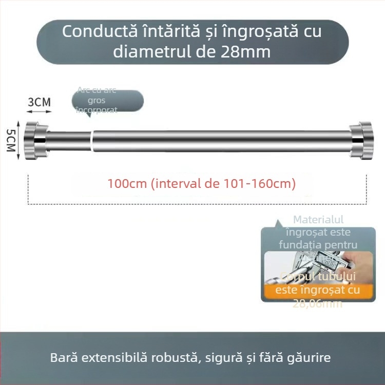 Bară retractabilă de uscat haine din oțel inoxidabil — montaj fără găuri, pentru balcon și baie, bară de perdea