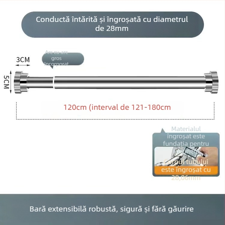 Bară retractabilă de uscat haine din oțel inoxidabil — montaj fără găuri, pentru balcon și baie, bară de perdea