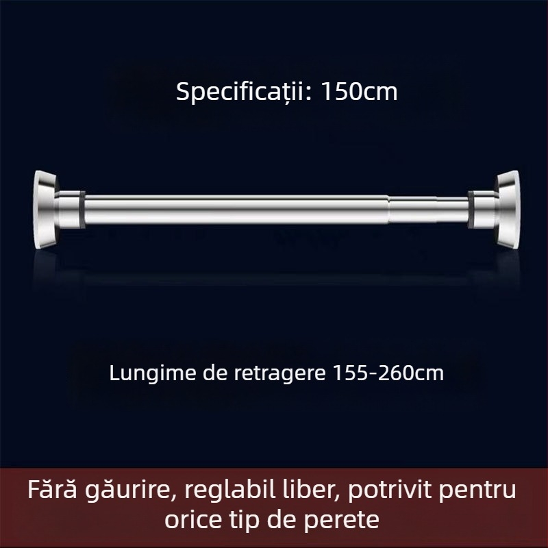 Bară retractabilă de uscat haine din oțel inoxidabil — montaj fără găuri, pentru balcon și baie, bară de perdea