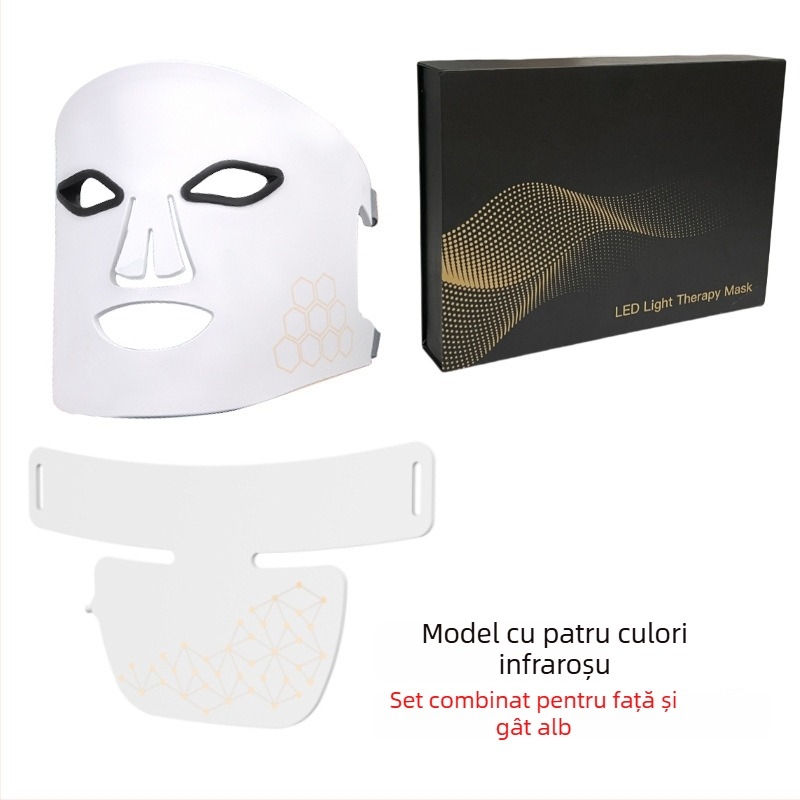 Dispozitiv Photon LED pentru față și gât — mască din silicon, baterie 1200–2000 mAh, IPX4 rezistent la apă, fototerapie cu lumină colorată