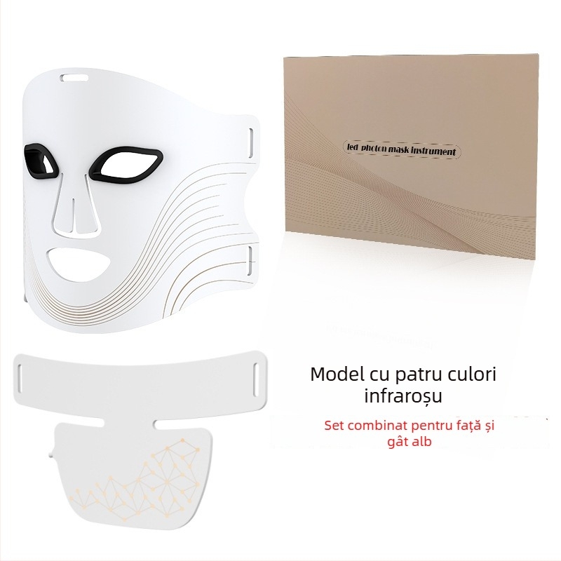 Dispozitiv Photon LED pentru față și gât — mască din silicon, baterie 1200–2000 mAh, IPX4 rezistent la apă, fototerapie cu lumină colorată
