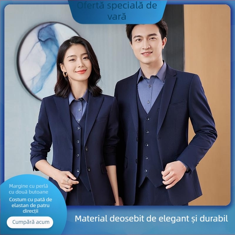 Costum unisex de afaceri formal, cu nasturi în față pe o linie, elasticitate în patru direcții, rever ascuțit, croială Slim, țesătură imitatie lână cu 30% vascoză