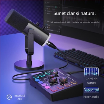 Microfon de gaming cu reducere dinamică a zgomotului și RGB, wireless, baterie încorporată 1200-2000 mAh, autonomie 8-12 ore, captare cardioidă în formă de inimă, SNR ≥ 100 dB