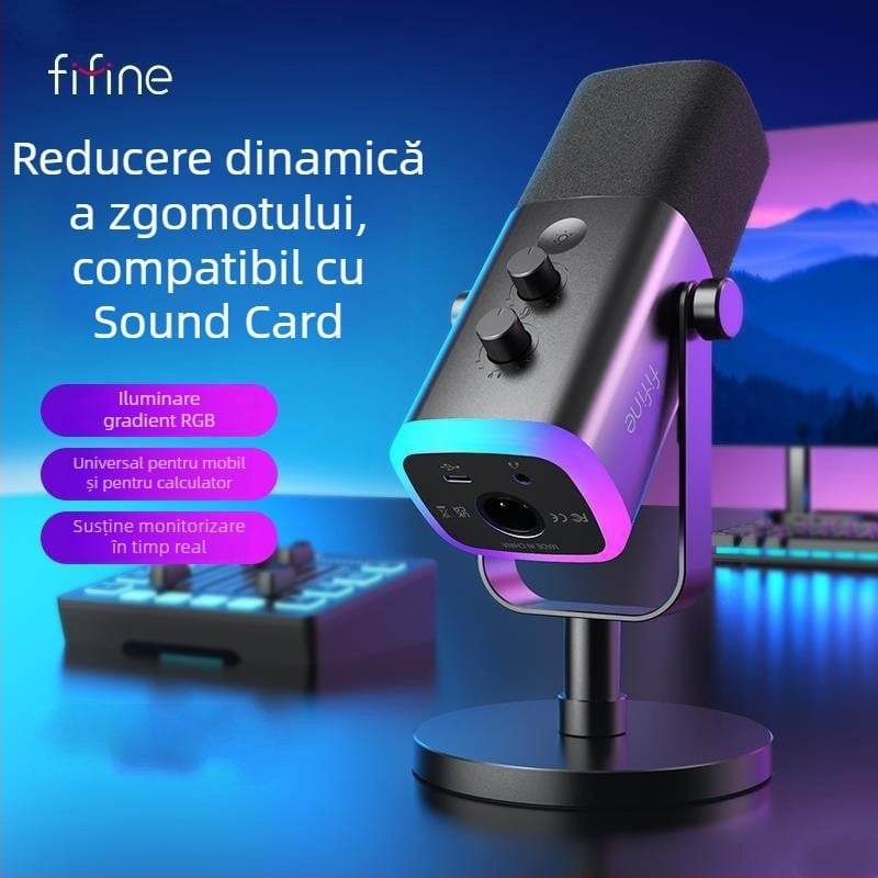 Microfon de gaming cu reducere dinamică a zgomotului și RGB, wireless, baterie încorporată 1200-2000 mAh, autonomie 8-12 ore, captare cardioidă în formă de inimă, SNR ≥ 100 dB