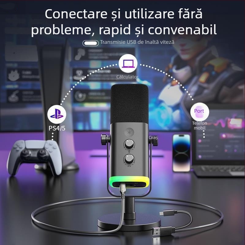 Microfon de gaming cu reducere dinamică a zgomotului și RGB, wireless, baterie încorporată 1200-2000 mAh, autonomie 8-12 ore, captare cardioidă în formă de inimă, SNR ≥ 100 dB