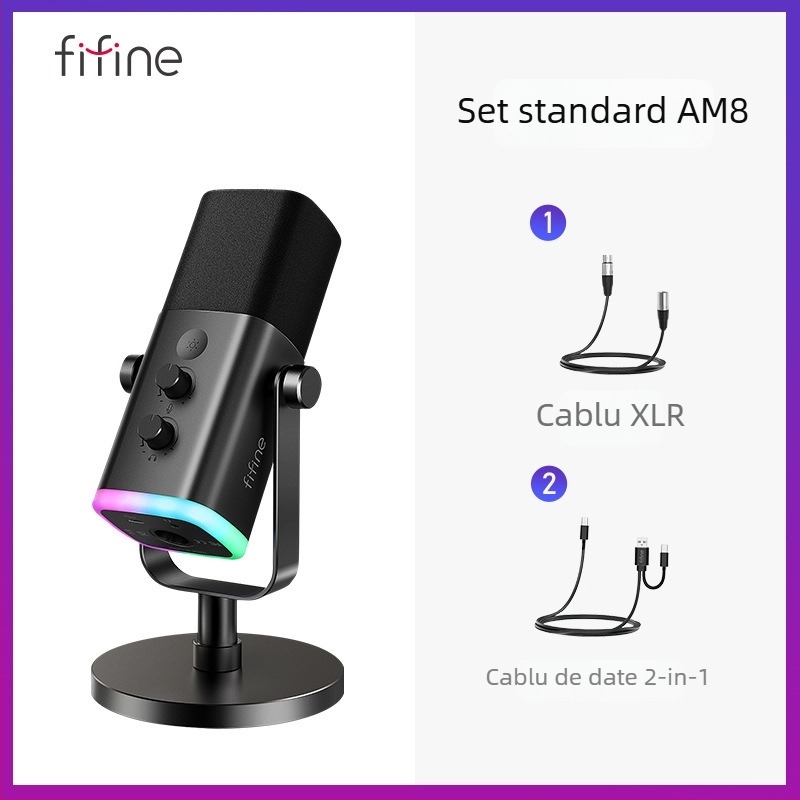 Microfon de gaming cu reducere dinamică a zgomotului și RGB, wireless, baterie încorporată 1200-2000 mAh, autonomie 8-12 ore, captare cardioidă în formă de inimă, SNR ≥ 100 dB