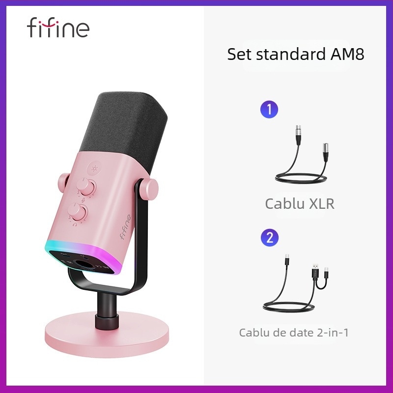 Microfon de gaming cu reducere dinamică a zgomotului și RGB, wireless, baterie încorporată 1200-2000 mAh, autonomie 8-12 ore, captare cardioidă în formă de inimă, SNR ≥ 100 dB