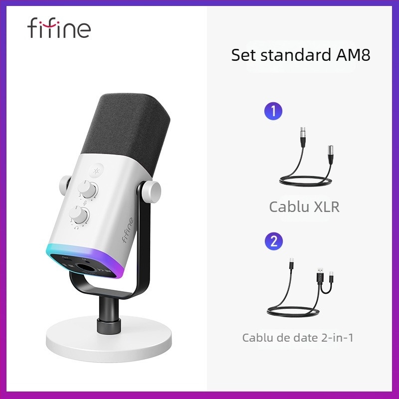 Microfon de gaming cu reducere dinamică a zgomotului și RGB, wireless, baterie încorporată 1200-2000 mAh, autonomie 8-12 ore, captare cardioidă în formă de inimă, SNR ≥ 100 dB