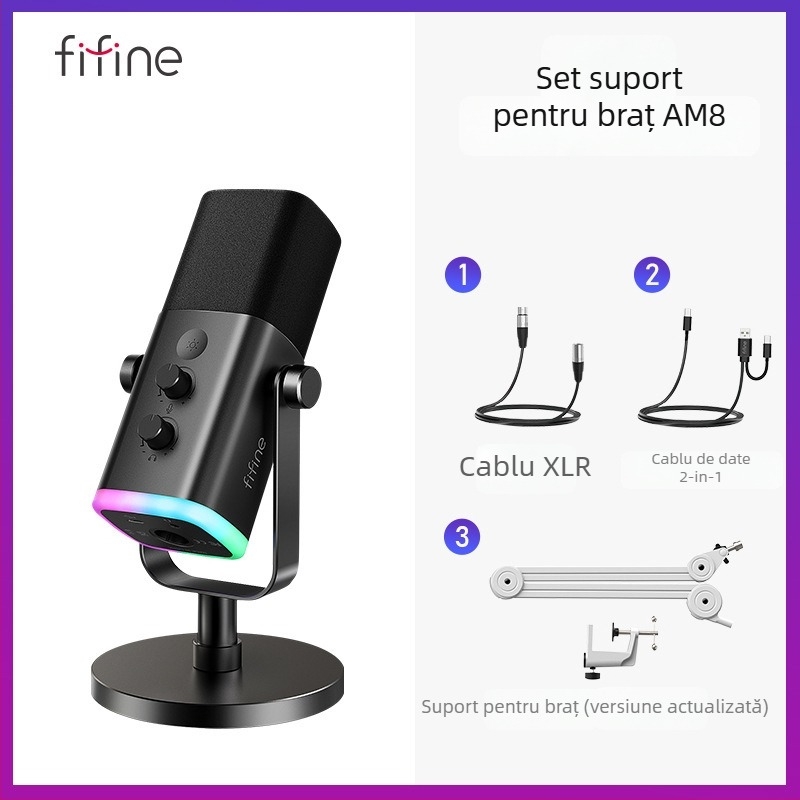 Microfon de gaming cu reducere dinamică a zgomotului și RGB, wireless, baterie încorporată 1200-2000 mAh, autonomie 8-12 ore, captare cardioidă în formă de inimă, SNR ≥ 100 dB