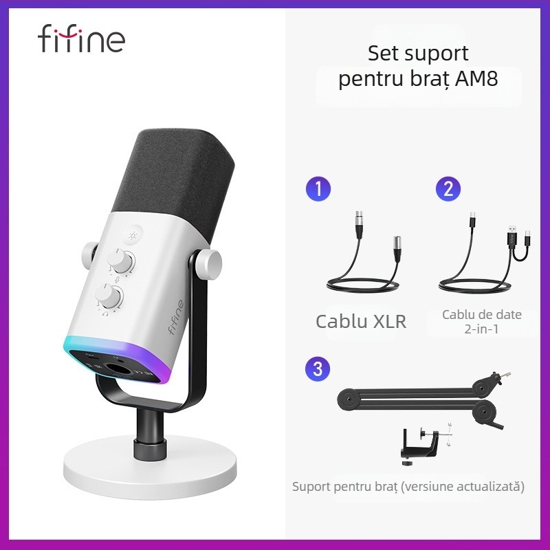 Microfon de gaming cu reducere dinamică a zgomotului și RGB, wireless, baterie încorporată 1200-2000 mAh, autonomie 8-12 ore, captare cardioidă în formă de inimă, SNR ≥ 100 dB