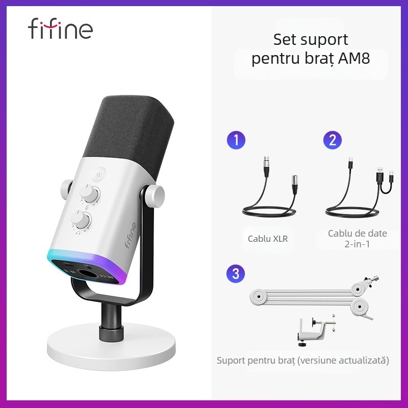 Microfon de gaming cu reducere dinamică a zgomotului și RGB, wireless, baterie încorporată 1200-2000 mAh, autonomie 8-12 ore, captare cardioidă în formă de inimă, SNR ≥ 100 dB