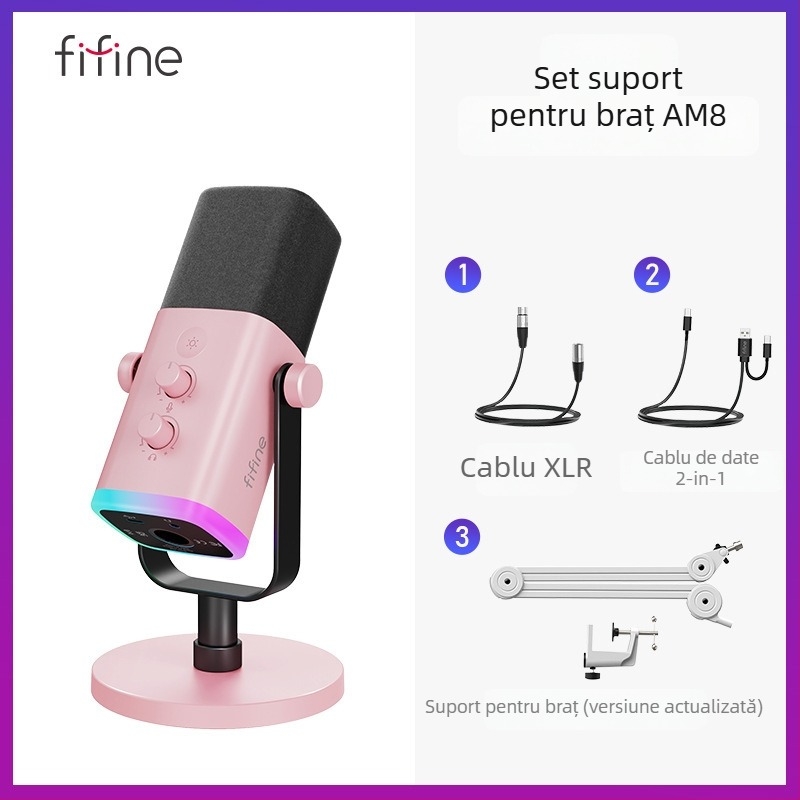 Microfon de gaming cu reducere dinamică a zgomotului și RGB, wireless, baterie încorporată 1200-2000 mAh, autonomie 8-12 ore, captare cardioidă în formă de inimă, SNR ≥ 100 dB