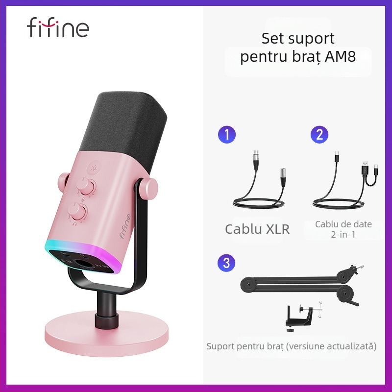 Microfon de gaming cu reducere dinamică a zgomotului și RGB, wireless, baterie încorporată 1200-2000 mAh, autonomie 8-12 ore, captare cardioidă în formă de inimă, SNR ≥ 100 dB