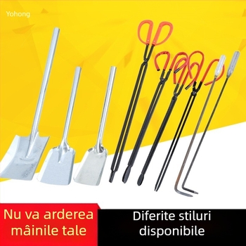 Set de unelte pentru soba cu cărbune Xiangsu — cârlig pentru foc, clește pentru foc, lopățică pentru cărbune, clipsuri pentru cărbune la grătar; formă pătrată, stil universal
