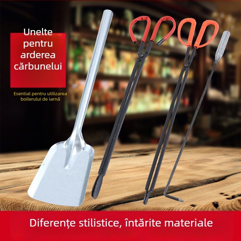 Set de unelte pentru soba cu cărbune Xiangsu — cârlig pentru foc, clește pentru foc, lopățică pentru cărbune, clipsuri pentru cărbune la grătar; formă pătrată, stil universal