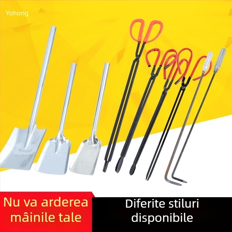 Set de unelte pentru soba cu cărbune Xiangsu — cârlig pentru foc, clește pentru foc, lopățică pentru cărbune, clipsuri pentru cărbune la grătar; formă pătrată, stil universal
