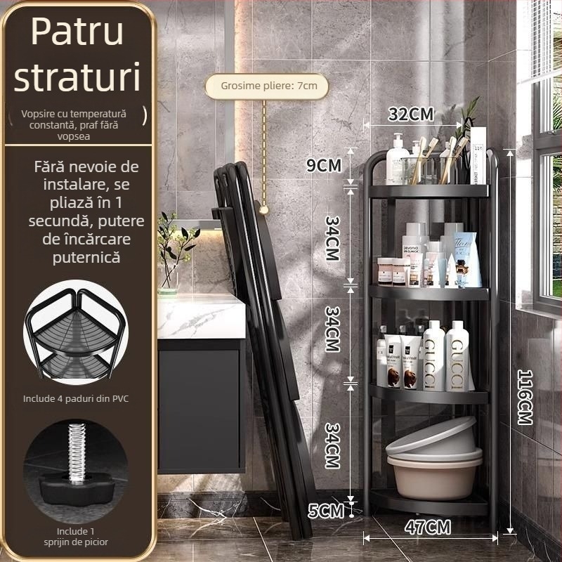 Raft triunghiular pentru baie, pe podea, din fier, finisaj vopsire cu uscare la cuptor, 5 etaje, capacitate de încărcare 15–20 kg / 5–10 kg / 25–30 kg