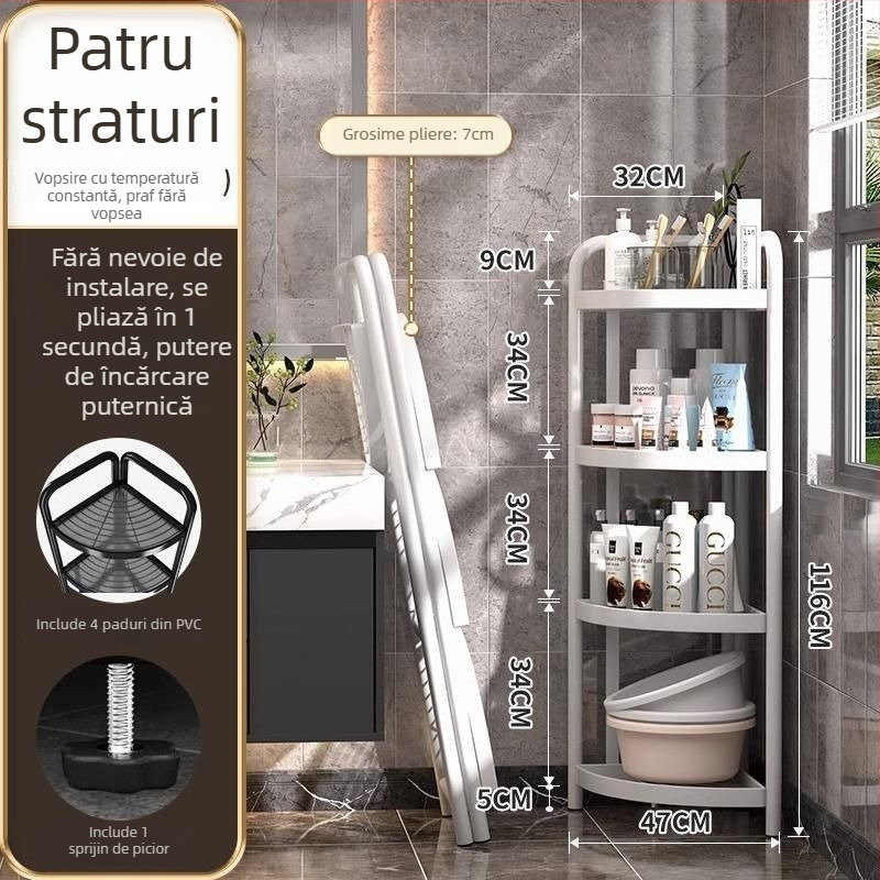 Raft triunghiular pentru baie, pe podea, din fier, finisaj vopsire cu uscare la cuptor, 5 etaje, capacitate de încărcare 15–20 kg / 5–10 kg / 25–30 kg