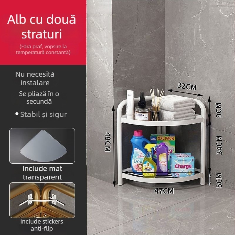 Raft triunghiular pentru baie, pe podea, din fier, finisaj vopsire cu uscare la cuptor, 5 etaje, capacitate de încărcare 15–20 kg / 5–10 kg / 25–30 kg