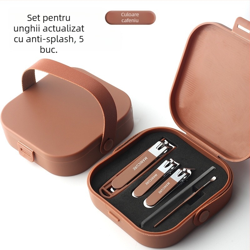 Set de unelte pentru tăierea unghiilor cu lame plate înclinate și husă portabilă; construcție din sticlă, oțel inoxidabil, oțel carbon; greutate netă 144 g