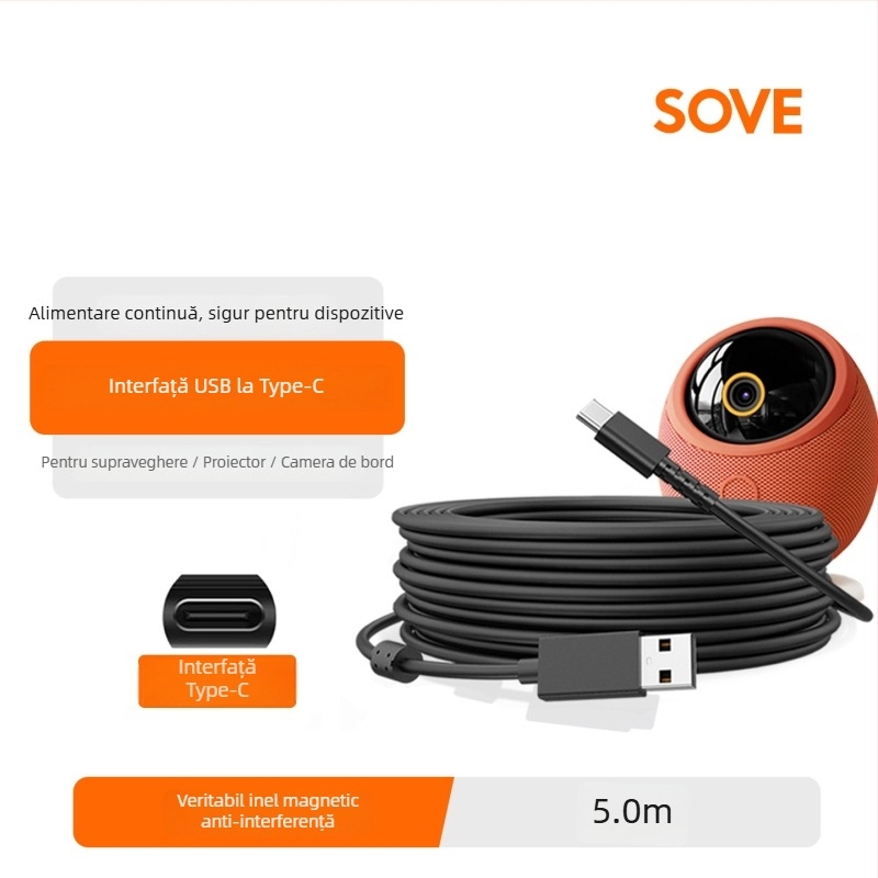 Cablu de extensie pentru cameră de supraveghere cu interfață Type-C, brand Sove su wei, compatibil cu camere de supraveghere, utilizare în exterior