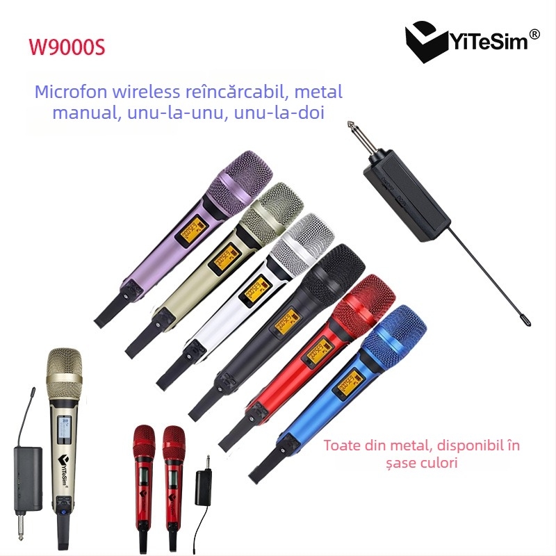 Microfon wireless de mână, reîncărcabil, corp din metal, potrivit pentru karaoke și transmisii în direct
