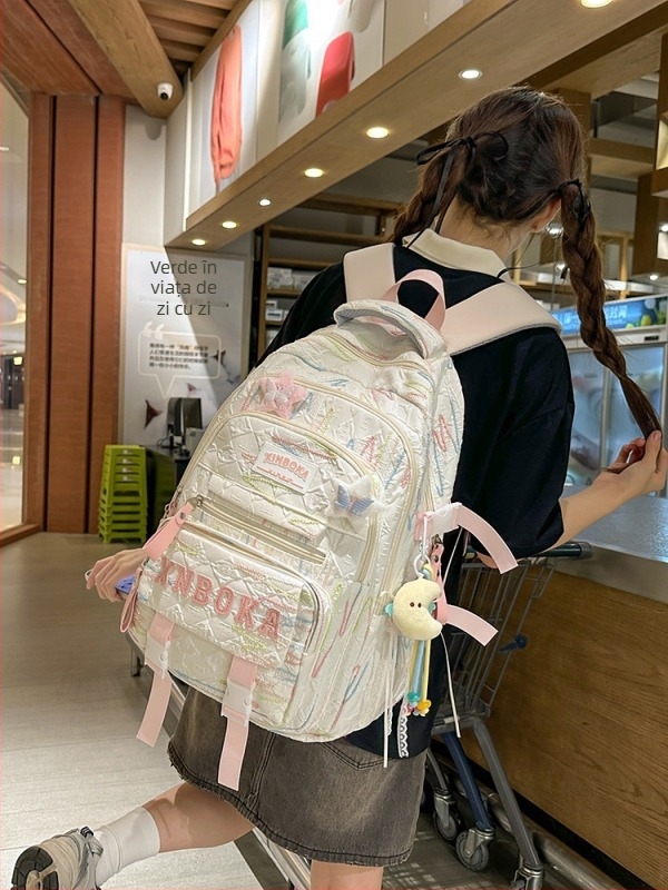 MEPEYA rucsac școlar brodat pentru fete, nylon, curele de umăr curbate, respirant, protecție a coloanei, 5–6 clase