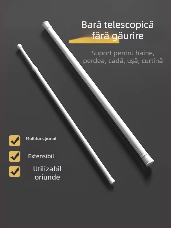 Bară telescopică pentru perdele – montaj fără găuri, mini extensibilă, pentru duș și baie, poate suporta încărcare