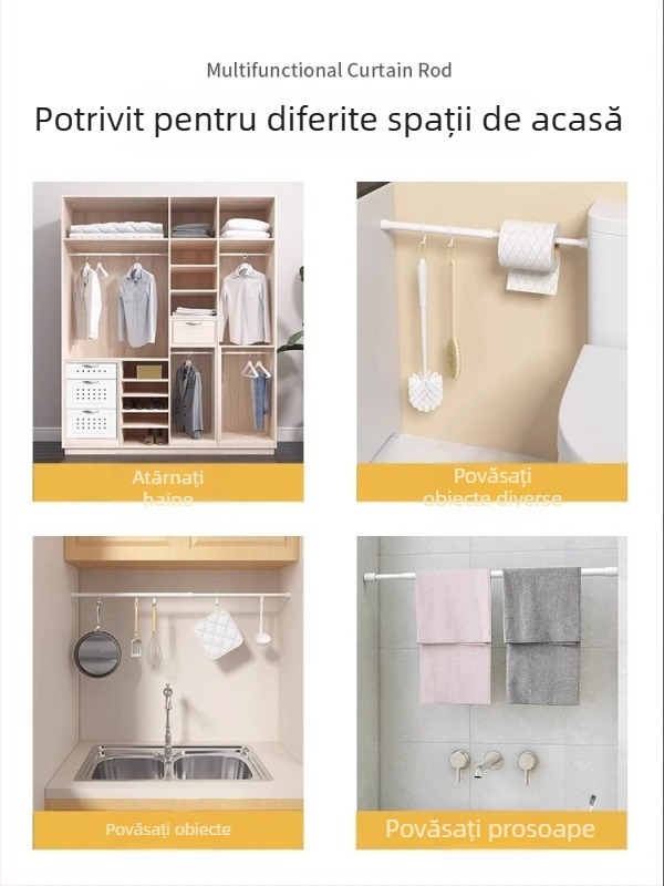 Bară telescopică pentru perdele – montaj fără găuri, mini extensibilă, pentru duș și baie, poate suporta încărcare