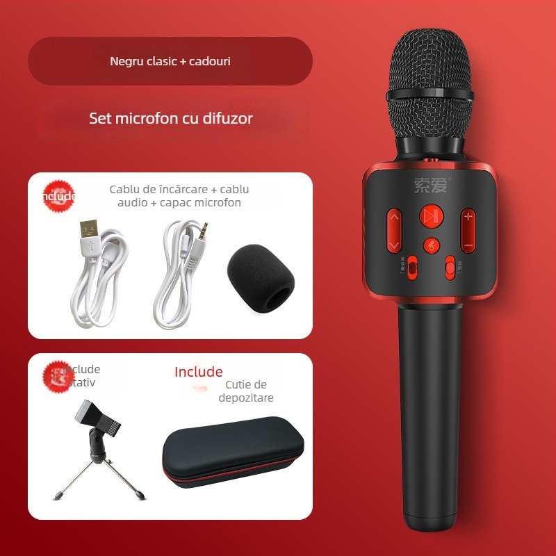 Set microfon karaoke și difuzor pentru telefoane mobile; microfon karaoke pentru telefon mobil; polaritate supercardioidă; raport SNR ≥70 dB; fără baterie încorporată