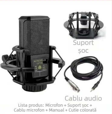 Microfon pătrat cu diafragmă mare, model 240, set cu card de sunet pentru karaoke; răspuns în frecvență 30 Hz–15 kHz, SNR ≥85 dB