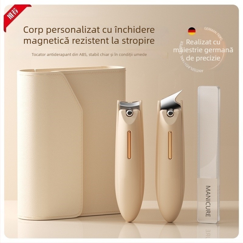 Set de tăiet unghii pentru manichiură cu design anti-stropire, gură plată și deschidere înclinată, construcție din plastic și oțel carbon