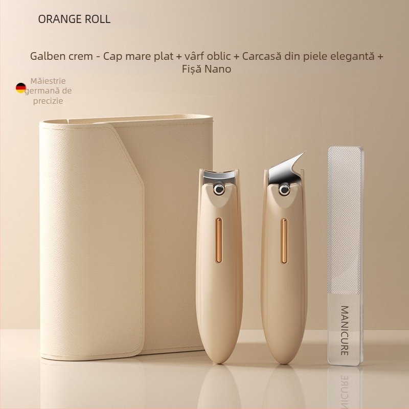 Set de tăiet unghii pentru manichiură cu design anti-stropire, gură plată și deschidere înclinată, construcție din plastic și oțel carbon