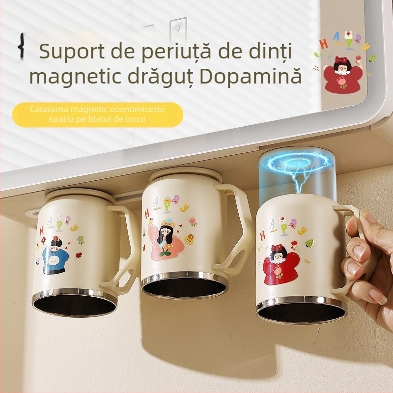 Căniță magnetică de clătire din oțel inoxidabil 304 cu dulap oglindă montat sub — organizator pentru periuțe și pastă de dinți